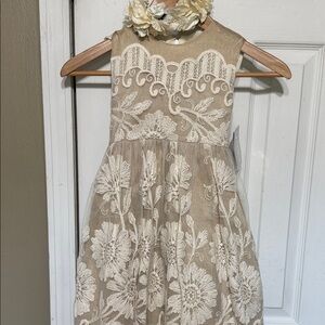 NWT Graci Spain Unique Cream Embroidered Linen Blend Cotton Lined Dress Size 6